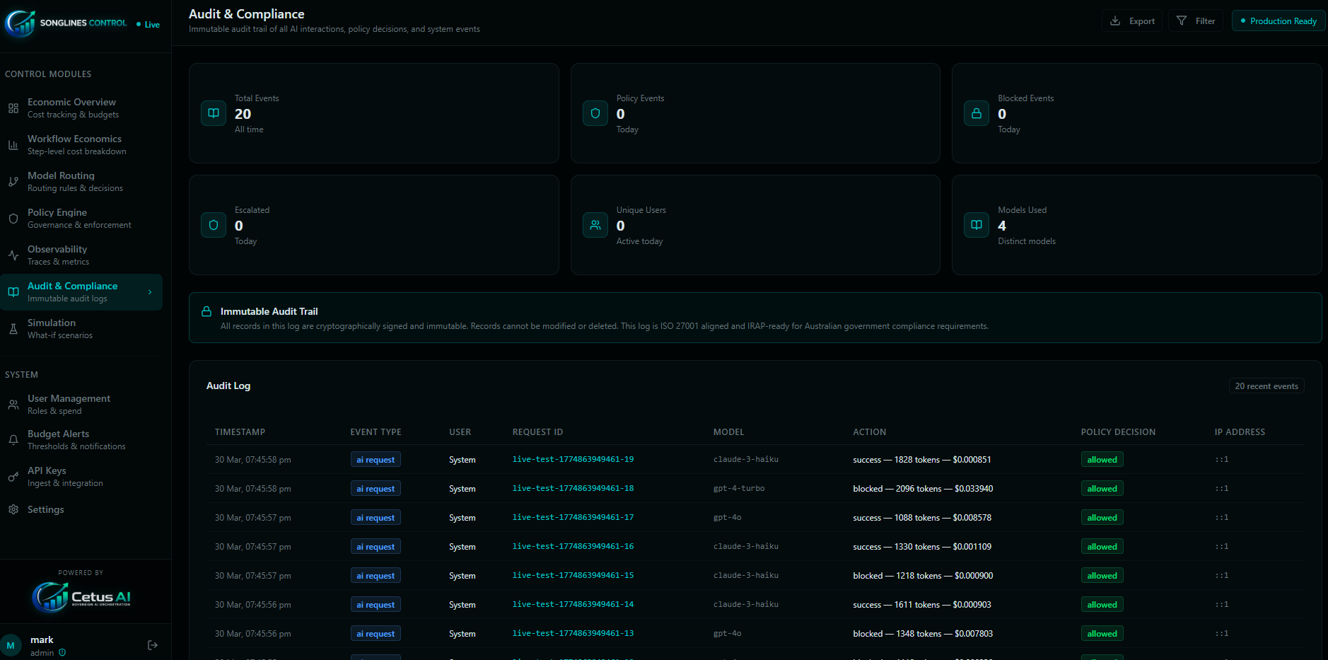 Songlines Control Audit & Compliance — immutable audit trail showing all AI interactions, policy decisions, and system events