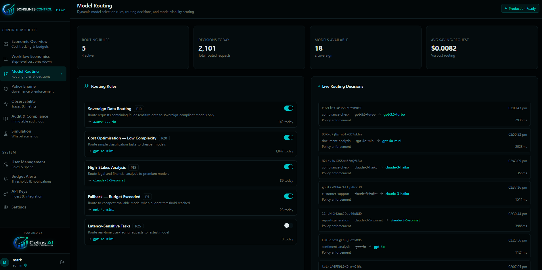 Songlines Control — Model Routing Engine