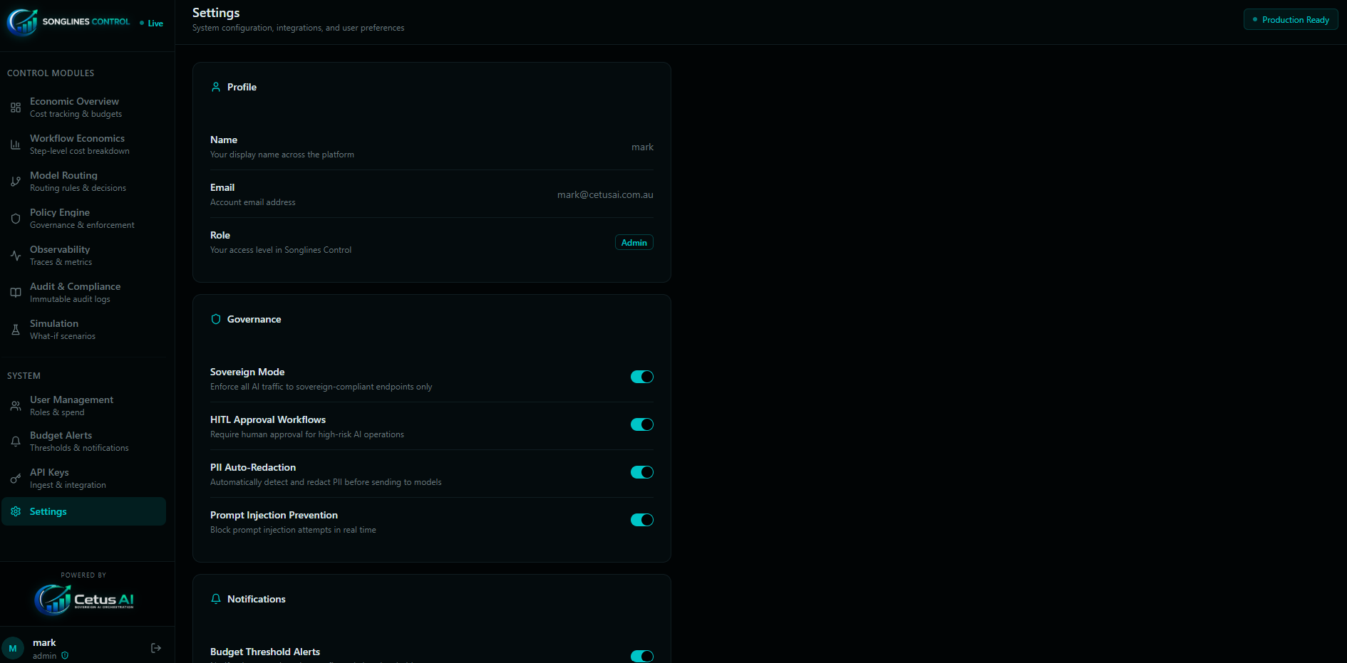 Songlines Control — Governance Settings
